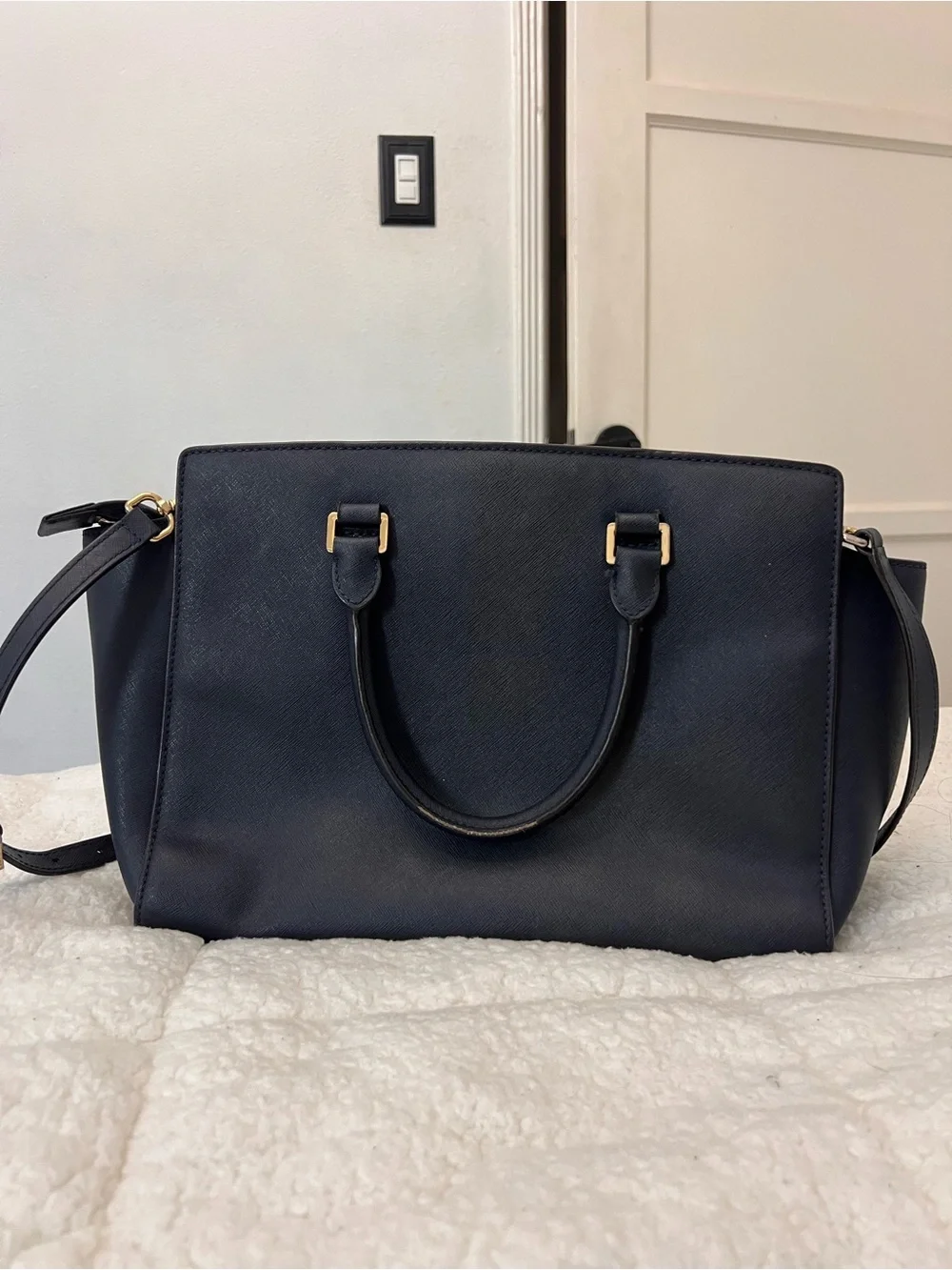 Michael Kors Navy Saffiano Satchel with Gold Hardware